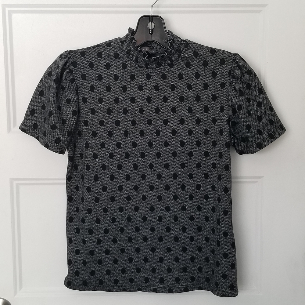 Suzy Shier Black and Gray Polka Dot high Victorian collar Puffed Shoulders